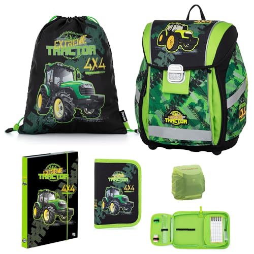 Familando Traktor Schulranzen 1. Klasse · ergonomischer Tornister für Jungen und Mädchen · Schultasche im Set (6-teilig)