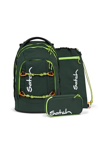 satch pack Set 4 teilig ab 5. Klasse ergonomisch 30L Stauraum mit Schlamperbox Trinkflasche Sportbeutel Green Explorer Set - Dunkelgrün